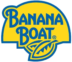شعار منتج Banana Boat للواقي الشمسي باللون الأصفر والأبيض مع شعار الموز على خلفية زرقاء