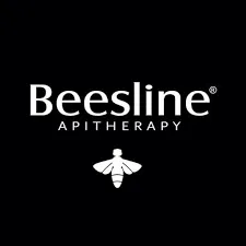 شعار منتج Beesline للعناية الطبيعية بالعسل والشمع باللون الأصفر والعنبر على خلفية بيضاء